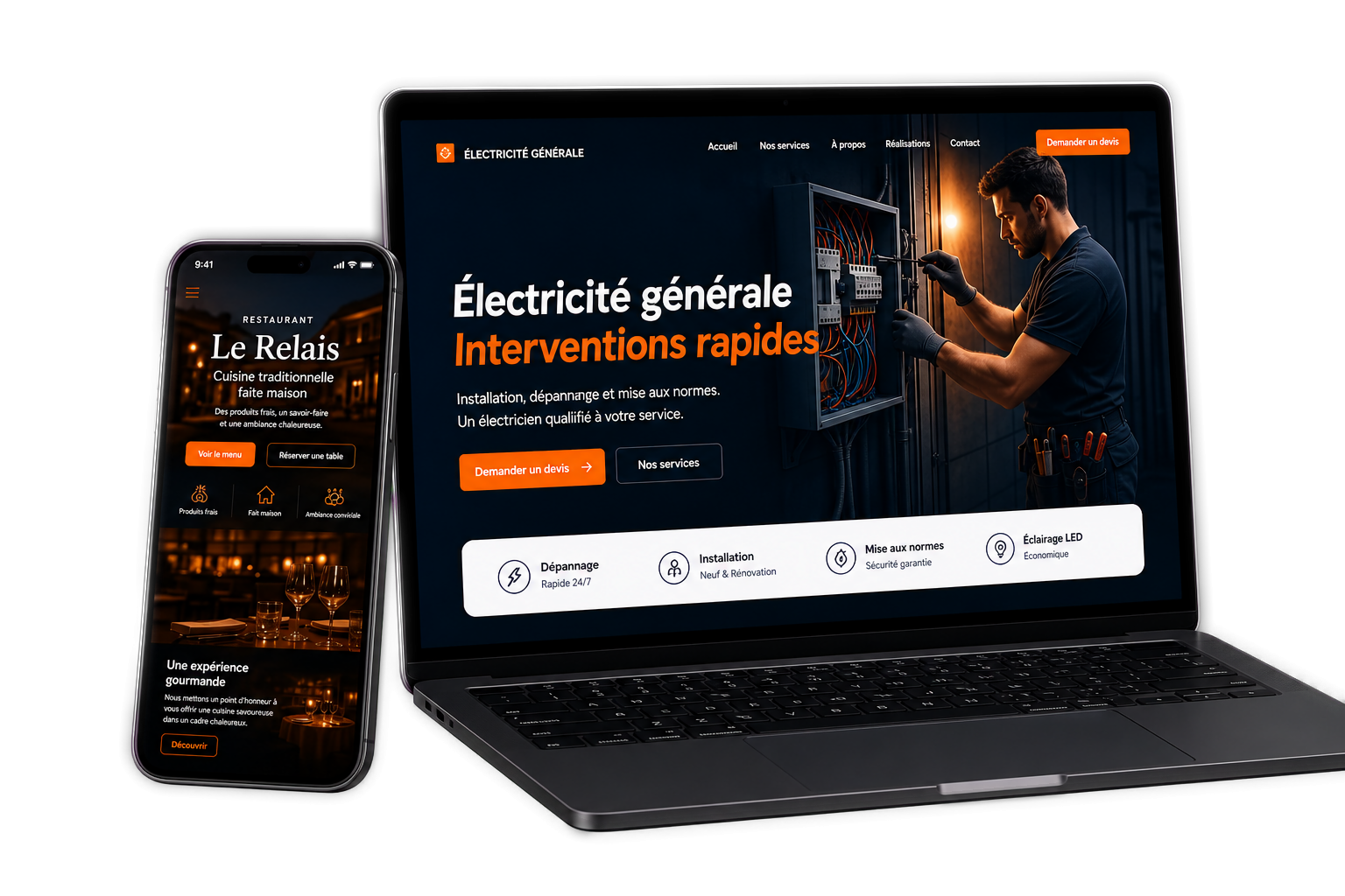 Aperçu de sites vitrines sur ordinateur et mobile
